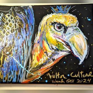 Wendy Gell Art Bird Painting, Vulture Culture,tiny crown,layers of paint, marker